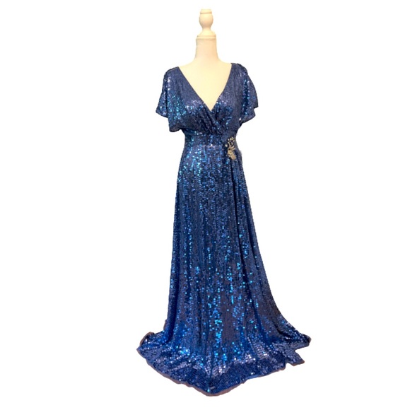 Mac Duggal Fusion Blue sequined butterfly sleeve wrap over a line gown-Size 2